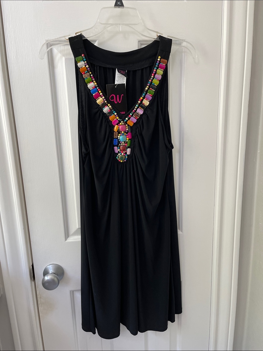 Wrapper Black Mini Dress with Multicolor Beaded Neckline